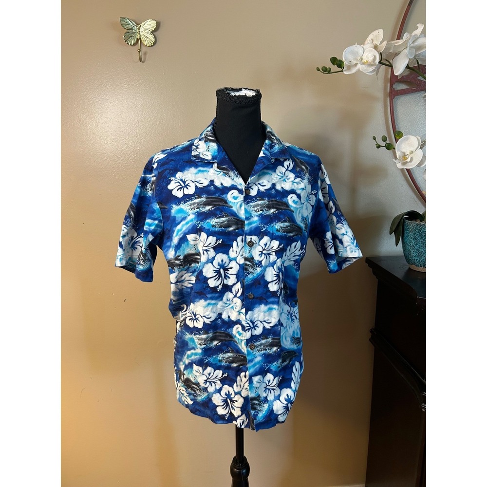 Vintage Hawaii Dolphin Hibiscus Floral Aloha Shirt Blue Cotton Mens Small